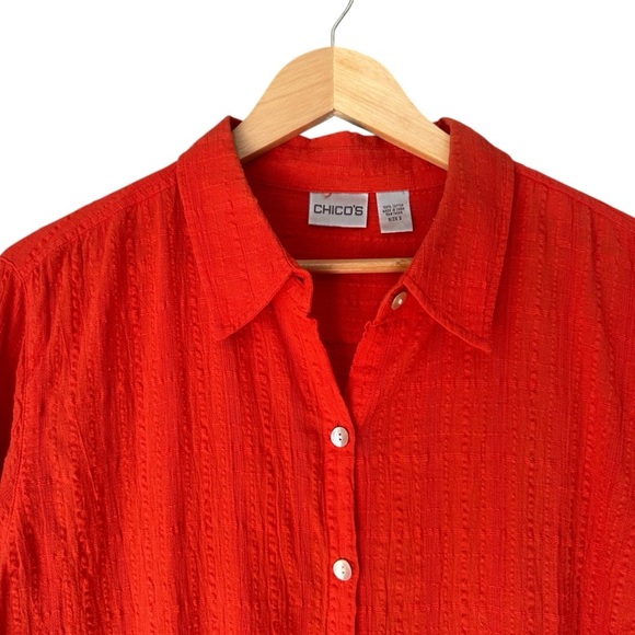 Chico's Sunset Orange Long Sleeve Button Front Cotton Gauze Blouse, Size 2 - Picture 2 of 7